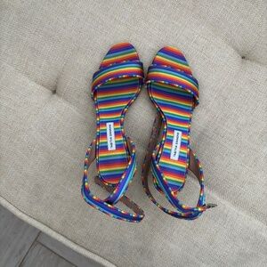 Tabitha Simmons Leticia Rainbow Stripe Silk Heeled Sandals - Size EU 37.5